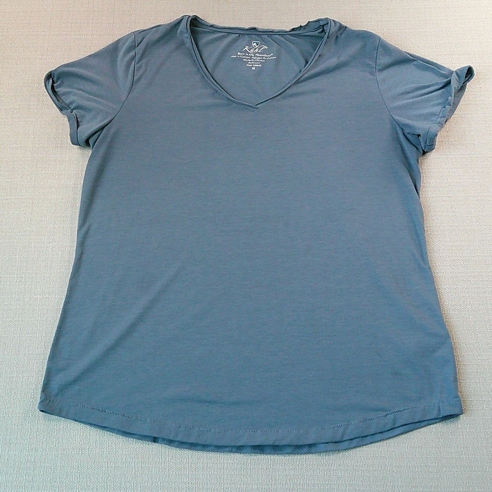 Kuhl V-Neck T-Shirt Women Medium Blue Short Sleeve Rolled Cuff 8435